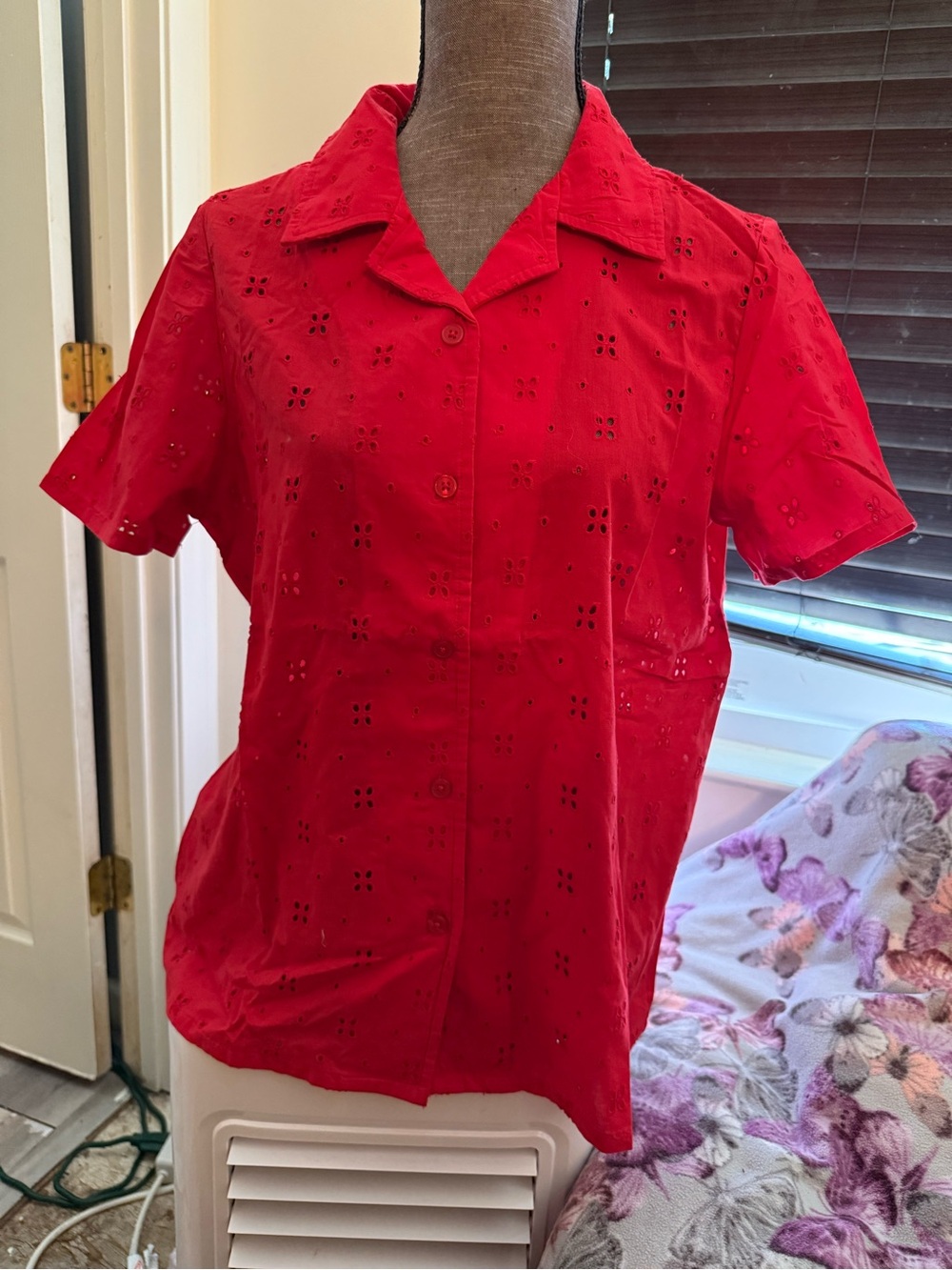 Blair Red Eyelet Button-Front Short Sleeve Shirt